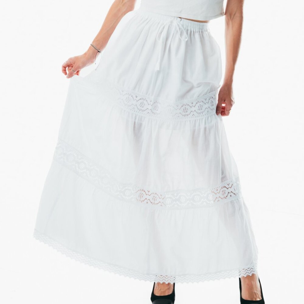 Summer Elastic Waist white Skirt Cotton maxi Casual Loose summer A-line Pleated